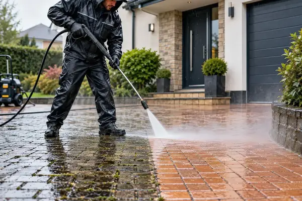 Klinkeroprit die met een hogedrukreiniger wordt schoongespoten